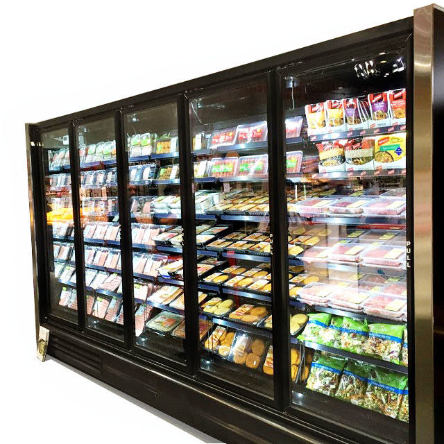 Máy làm mát cửa kính thẳng đứng 5 cửa Người bán hàng tự chứa cho thịt Sản xuất sữa Rau quả